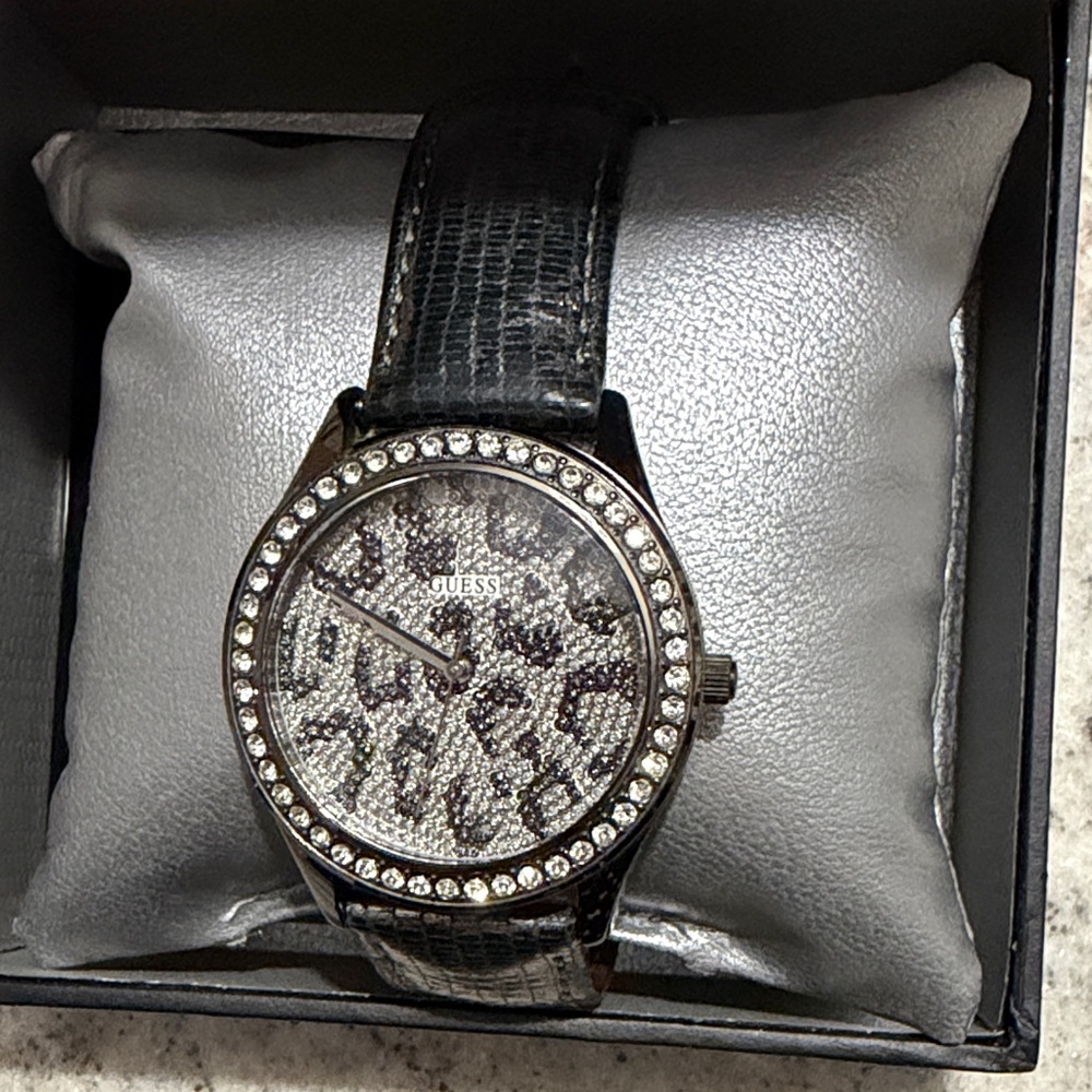 Guess Black and Silver Leopard Watch with Crystal Bezel